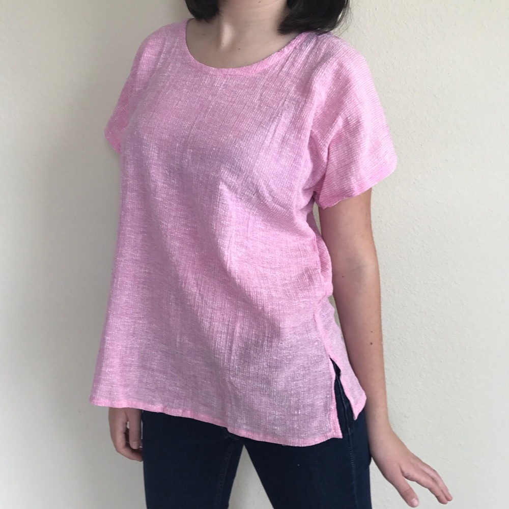 Vtg 70s Blouse Cotton Gauze Extended Cap Sleeve